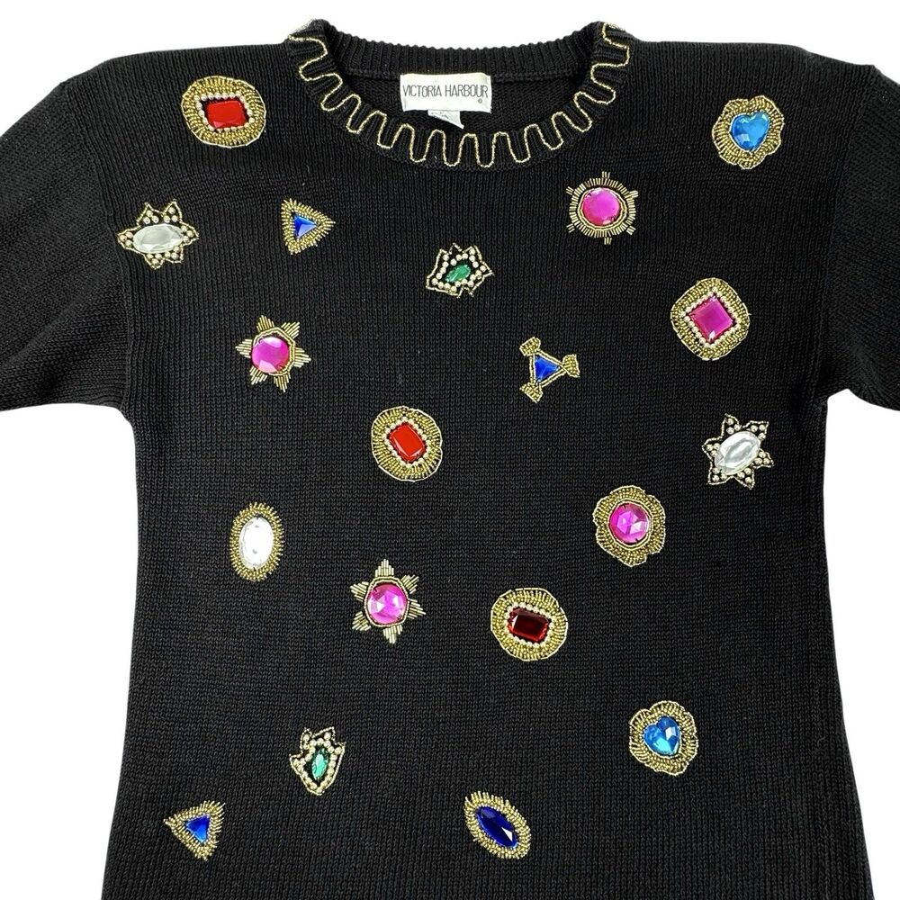 Vintage 80s Victoria Harbour Jewel Sweater M Black Beaded Glam Granny‎ Ugly - Picture 3 of 12